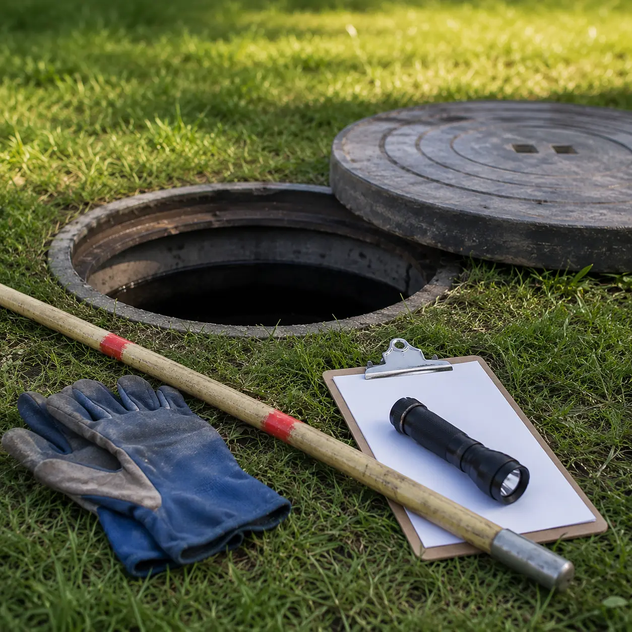 Septic system service technician inspecting tank in Caledon