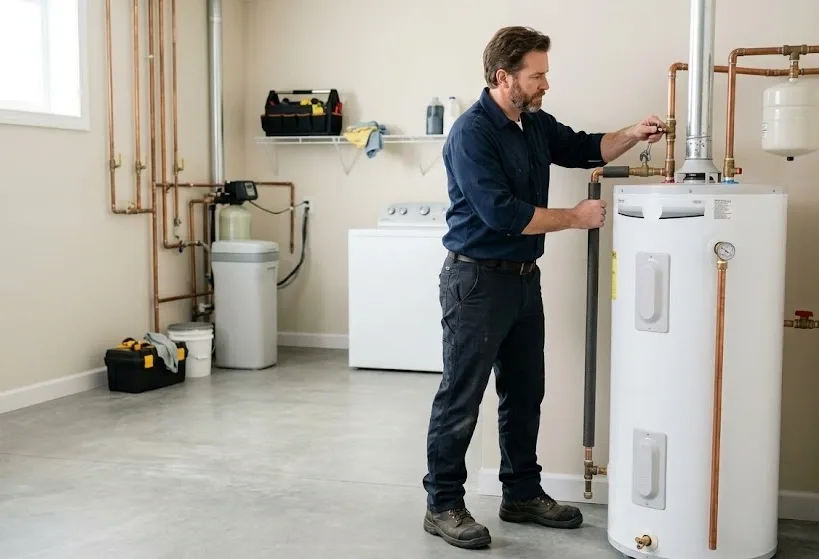 Licensed Caledon plumber inspecting a home hot water tank