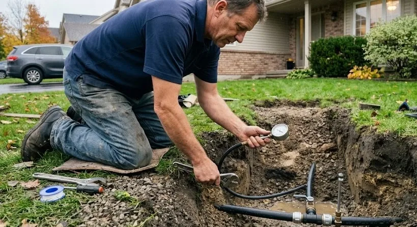 Plumber locating a leaking main water line at a Caledon home