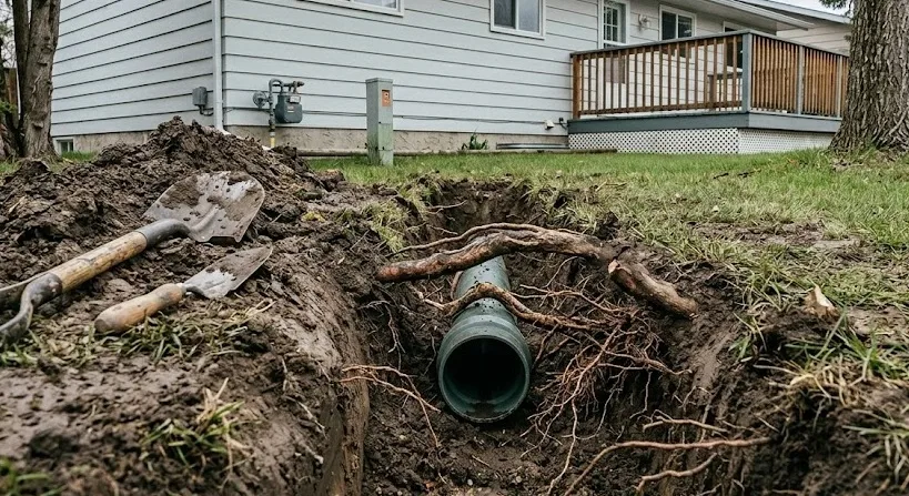 Sewer line camera inspection at a Caledon home
