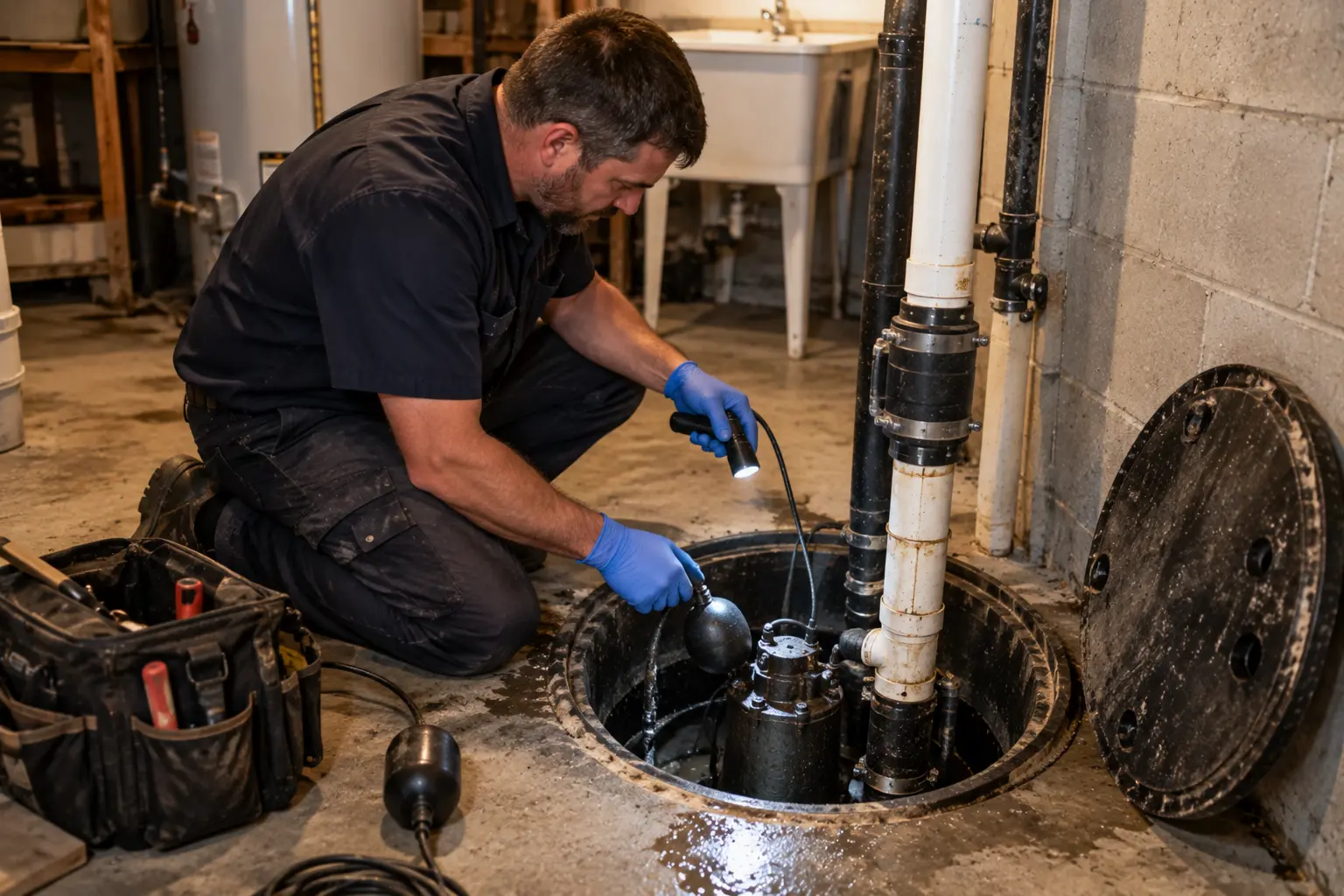 sewage ejector pump repair Caledon technician servicing a basement ejector pit