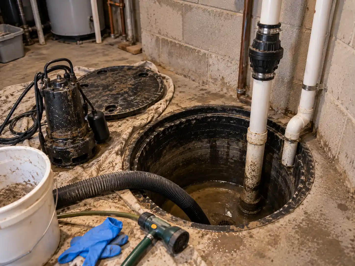 sewage pump repair Caledon technician testing a float switch in a basement pit