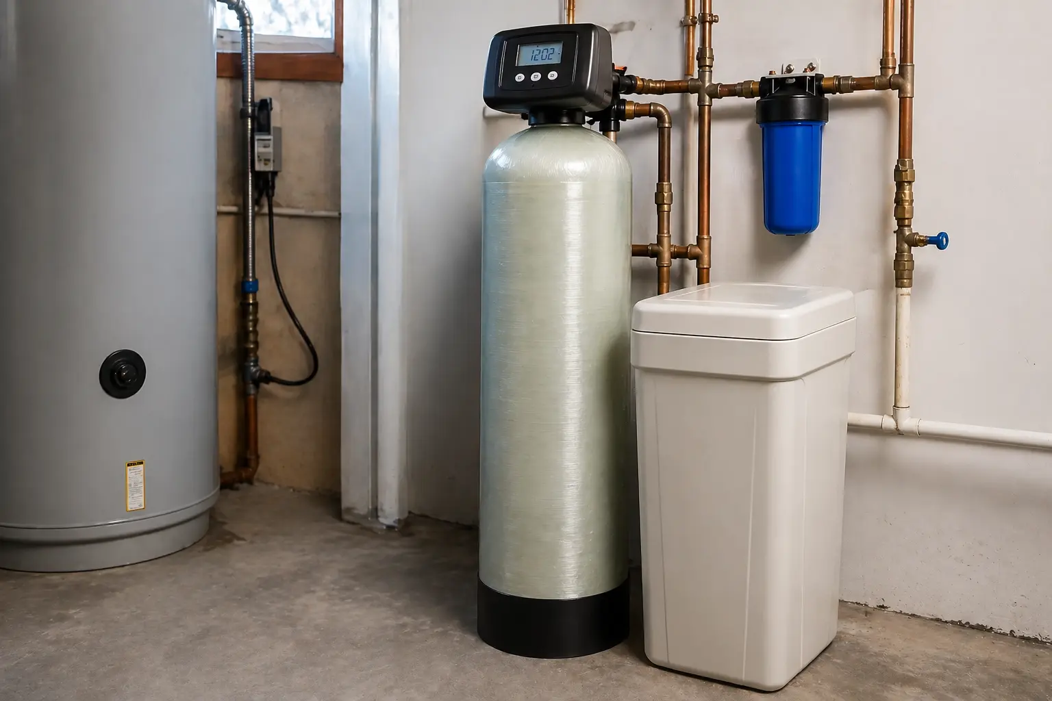 Water softener and brine tank installed in a Caledon home basement
