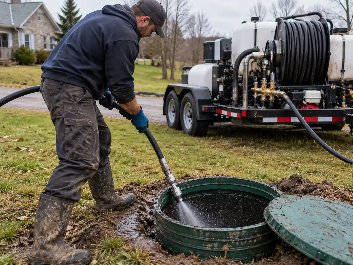 Septic line hydro jetting from a Caledon farmhouse to the septic tank