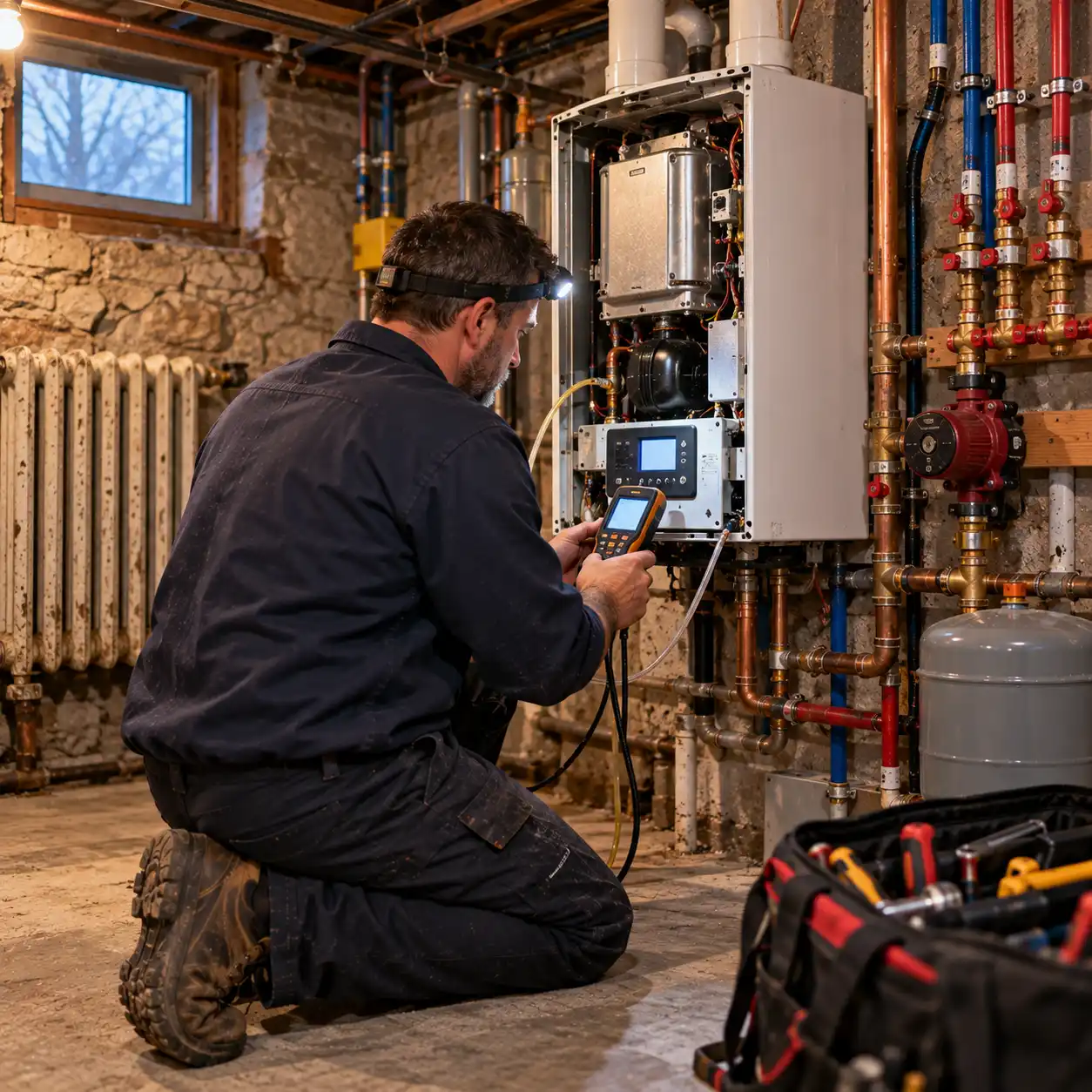 Boiler repair and installation technician servicing a gas boiler in a Caledon home